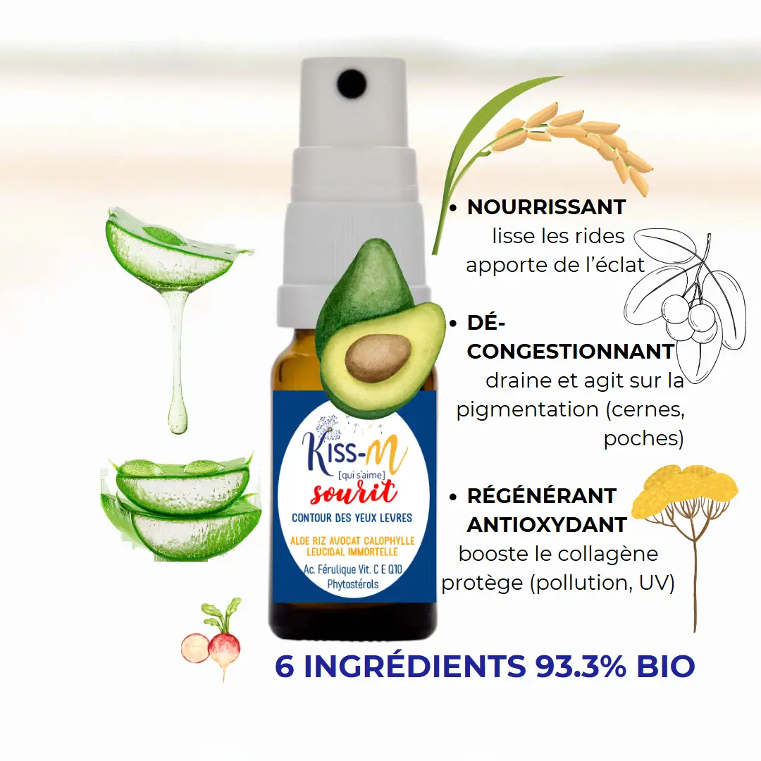 contour des yeux qui lisse et décongestionne à l'aloe vera huile de son de riz avocat calophylle et immortelle biologique