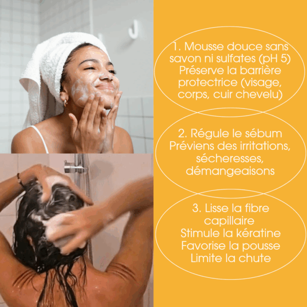 le solide tout en 1pour toute la famille qui nettoie en douceur et préserve la barrière protectrice de la peau tout en prévenant les irritations, sécheresses, imperfections, démangeaisons