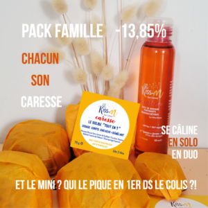 le pack famille inclut 4 caresse format classique pour un usage au quotidien le solide tout-en-un végétal bio visage corps cheveux tout en respectuant les peaux sensibles le mini format pour partir en vacances, en wkd aller à la piscine et l'huile se câline pour le corps hydratante et détente 100 % biologique