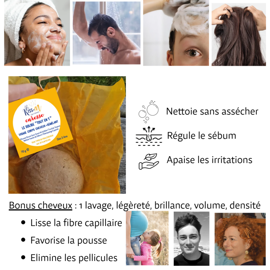 shampoing solide tout-en-un caresse visage corps cheveux démêlant tous types de peau et cheveux respect des peaux sensibles irritées démangeaisons pellicules