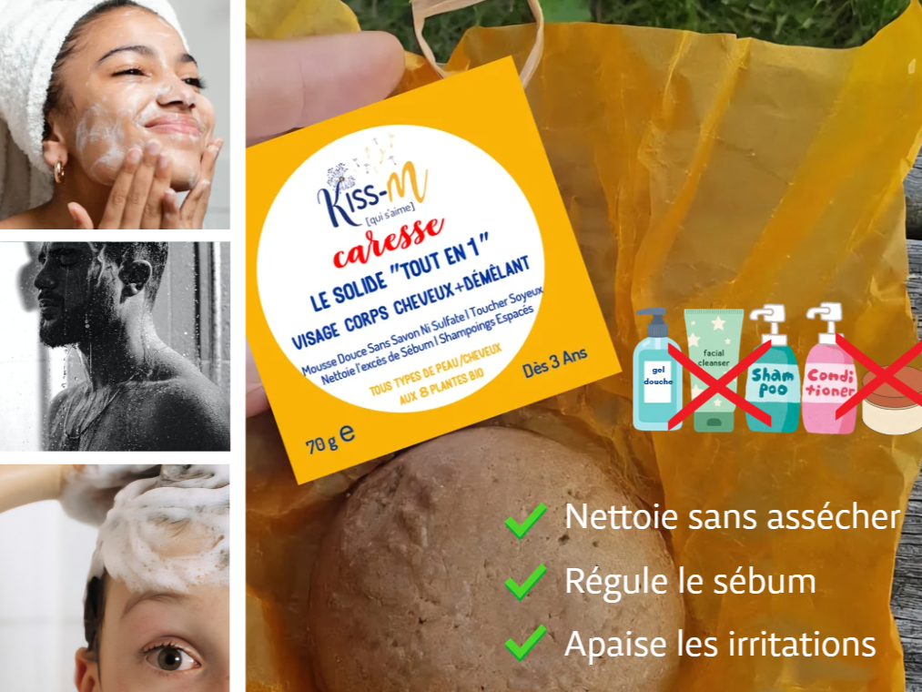 Depuis que j'utilise caresse, je n'ai plus besoin de 5 produits : il fait tout-en-un et pour toute la famille. Nettoyant visage (peau sèche, peau grasse, peau sensible, rougeurs), gel douche corps, shampooing, après-shampoing, masque cheveux. C'est pratique, économique, écologique et on se sent bien de la tête aux pieds